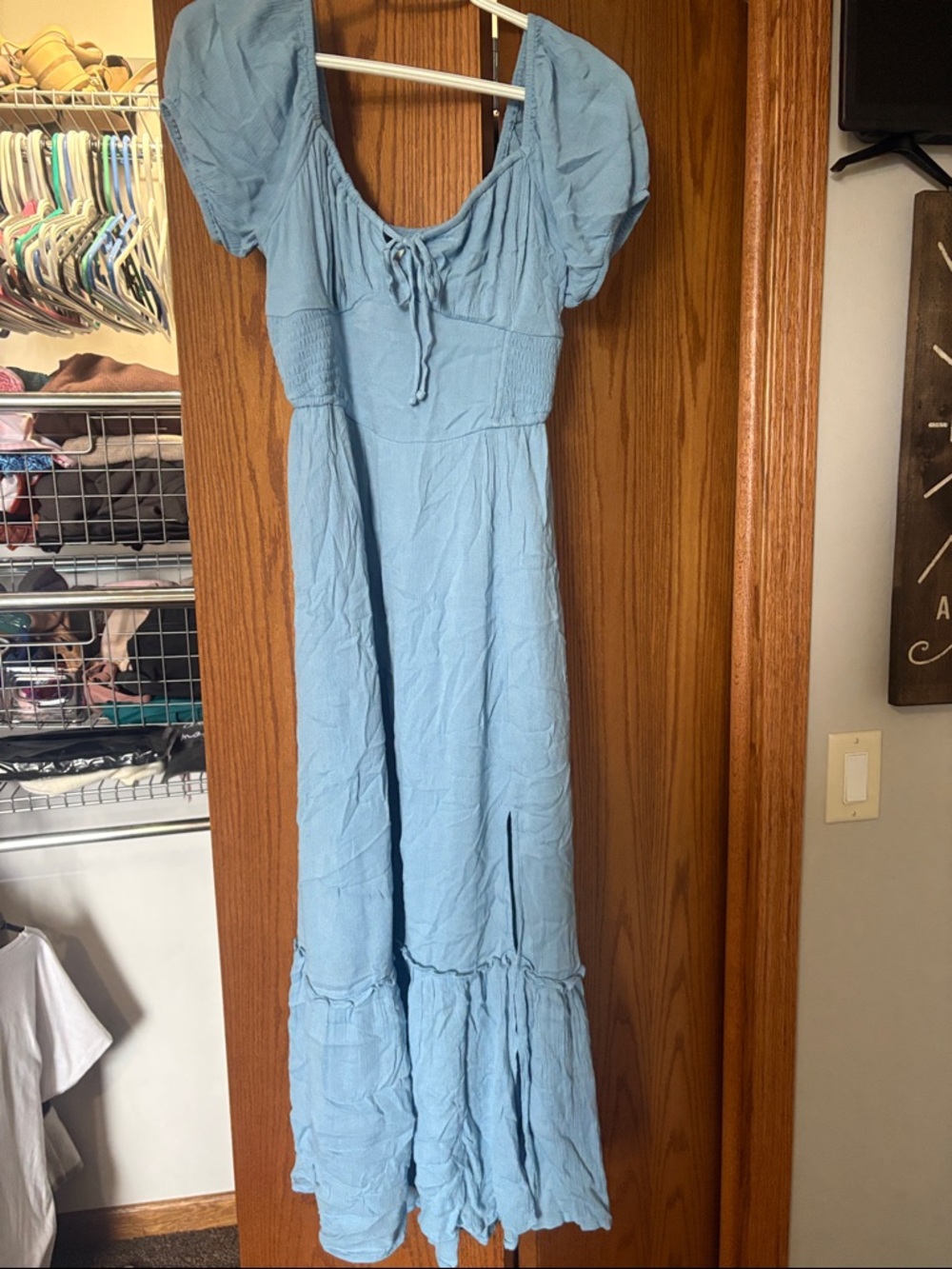 Hollister Light Blue Tiered Maxi Dress with Puff Sleeves